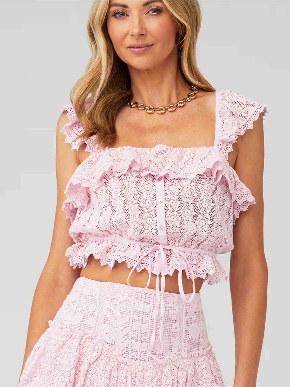 LoveShackFancy Pink Lace Ruffle Crop Top - Picture 1 of 10